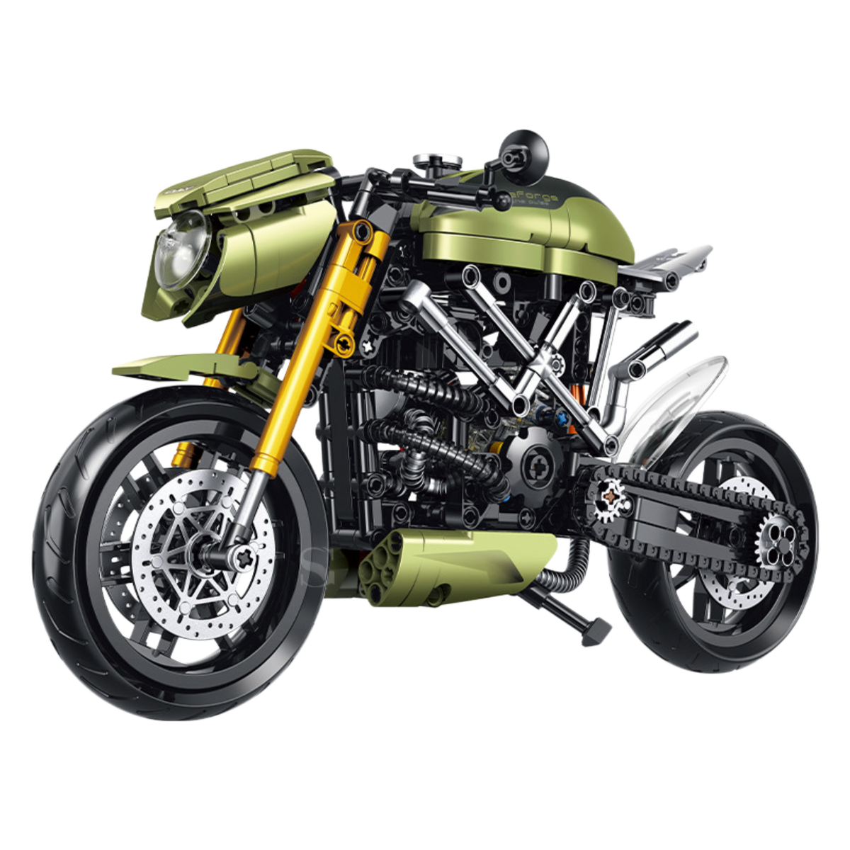 Combat Racer military-green café racer building blocks model - Power Blockz