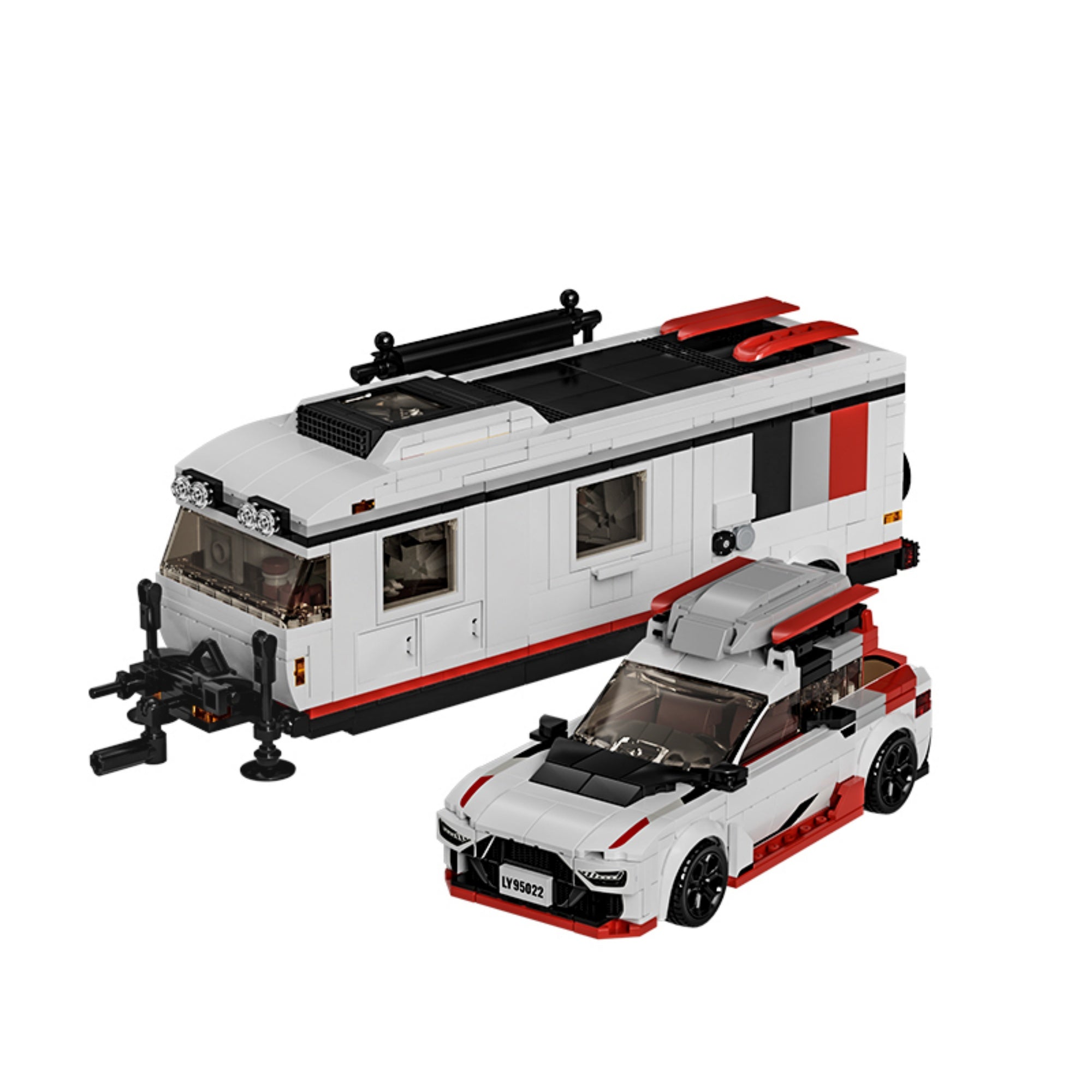 The Audi RS6 station wagon+trailer RV building blocks set by 12Go, front view on white background