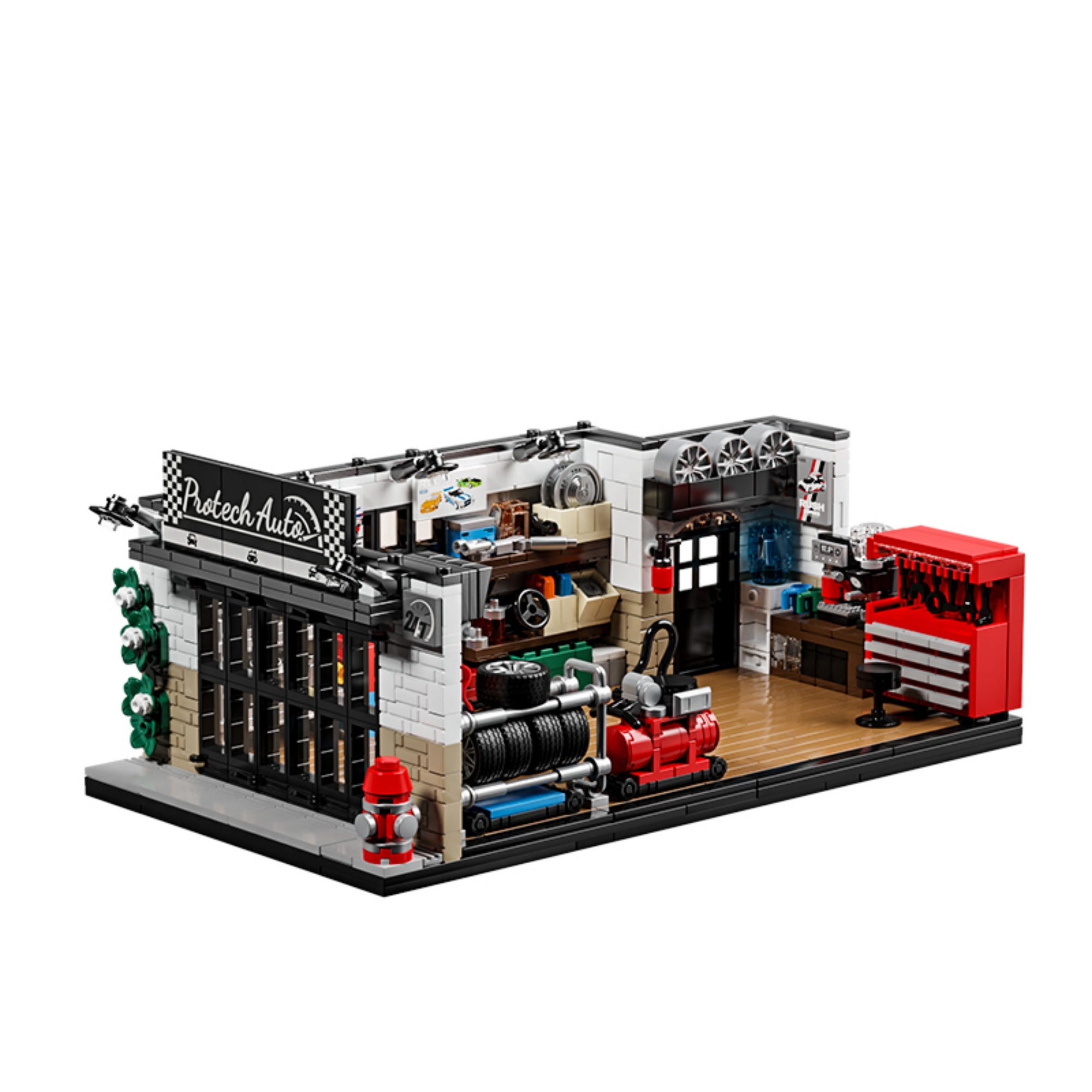 The Garage building blocks set by 12Go, front view on white background