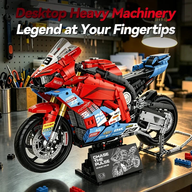 Ultimate 820RR red and blue racing superbike building blocks model on paddock stand - Power Blockz