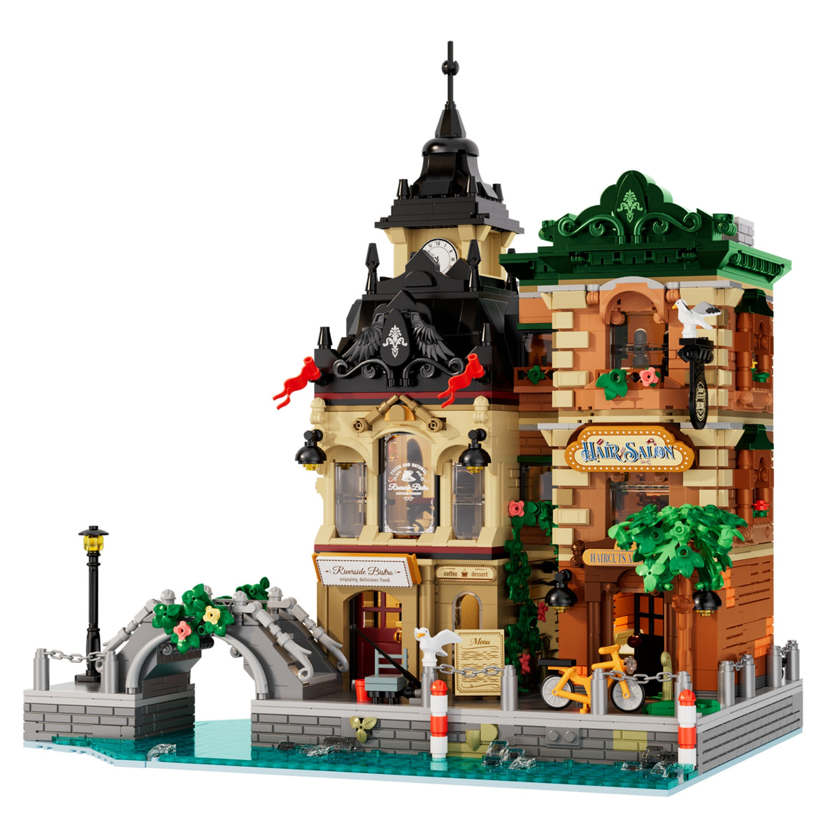 The Riverside Bistro & Hair Salon building blocks set by iambrick, front view on white background