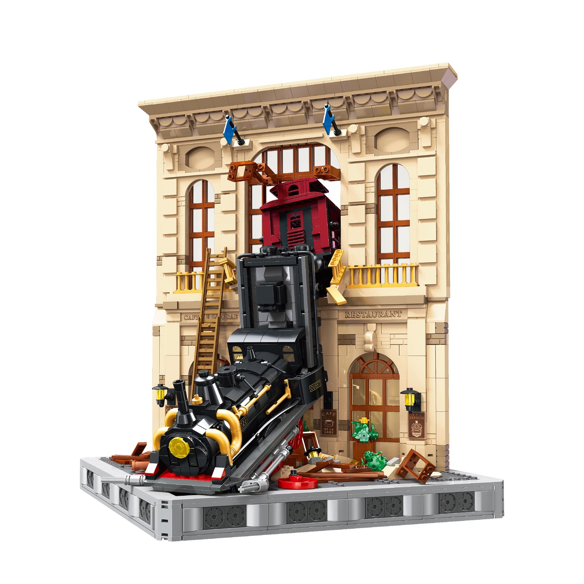 The Fallen Steamtrain building blocks set by Jiestar, front view on white background